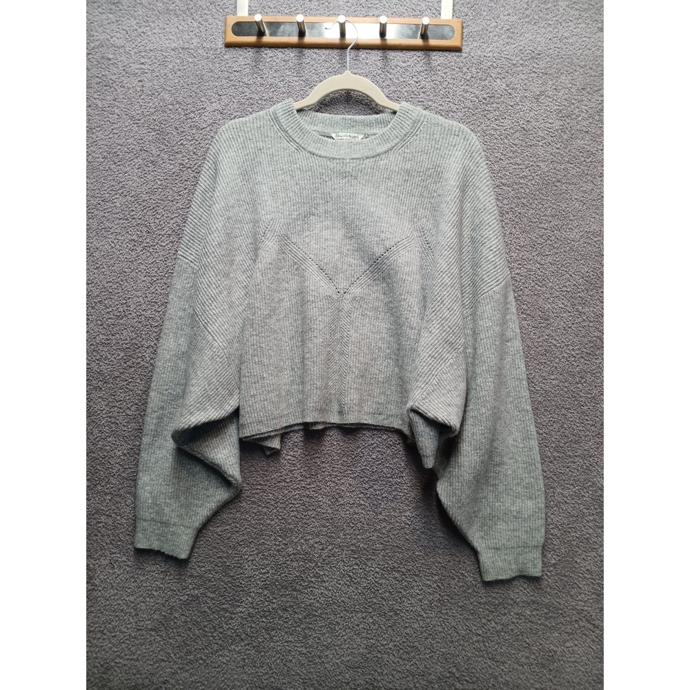 Miss Selfridge Cropped Knit Sweater Women L Gray Ribbed Long Sleeve Relaxed - Picture 2 of 6